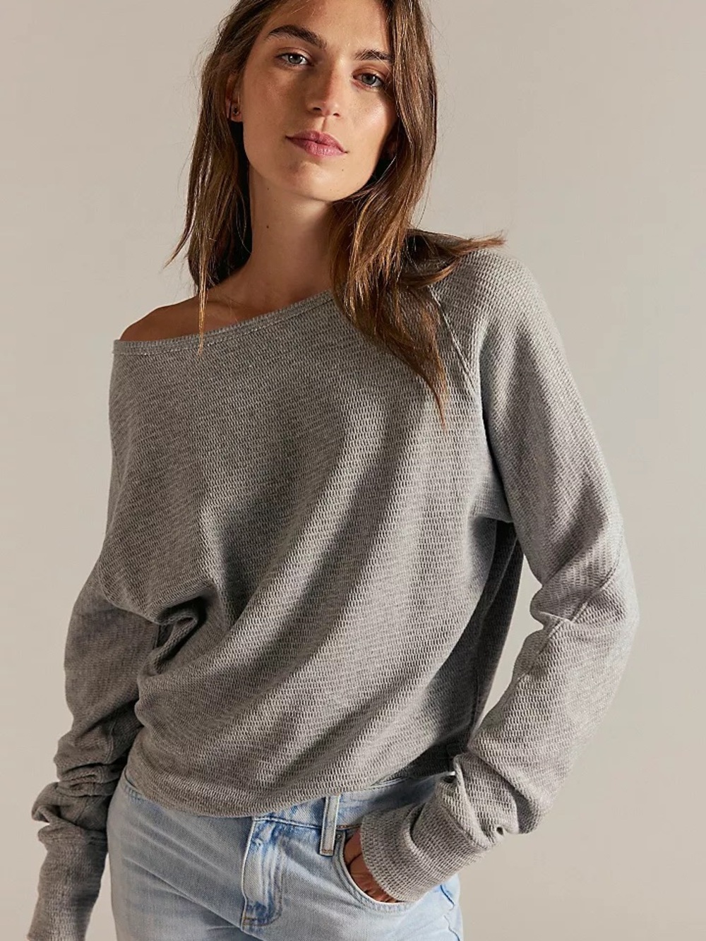 We The Free Gray Waffle Knit Cropped Long Sleeve Top Size M